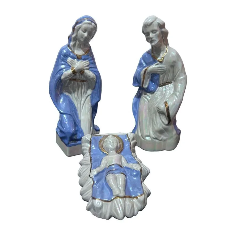 Porcelain Nativity Set Holy Family Joseph Mary Jesus Blue
